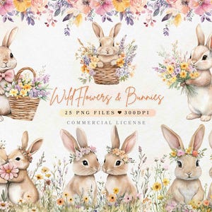 25 Clipart di coniglietti floreali, acquerello, coniglietti primaverili con fiori di campo / Clipart primaverile, coniglietto carino e clipart di fiori / Clipart di vivaio floreale