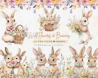 25 bloemen konijntjes clipart aquarel lente konijntjes met wilde bloemen | Lente clipart schattig konijntje en bloem clipart | Bloemen kinderkamer clipart