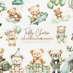 Aquarelle ours en peluche vert Clipart Boho ours en peluche PNG | Baby shower vert | Décoration de chambre d'enfant | Ours en peluche neutre entre les sexes | Utilisation commerciale