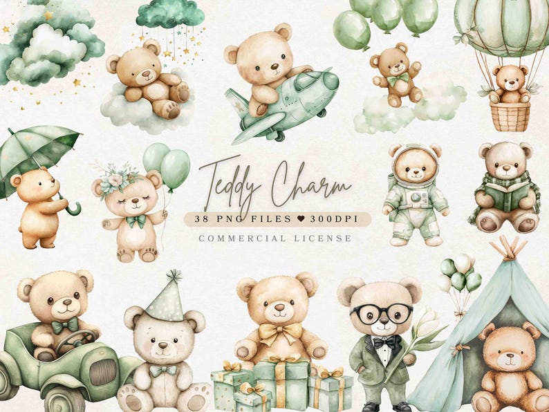 Watercolor Green Teddy Bear Clipart Boho Teddy Bear PNG | Green Baby ...