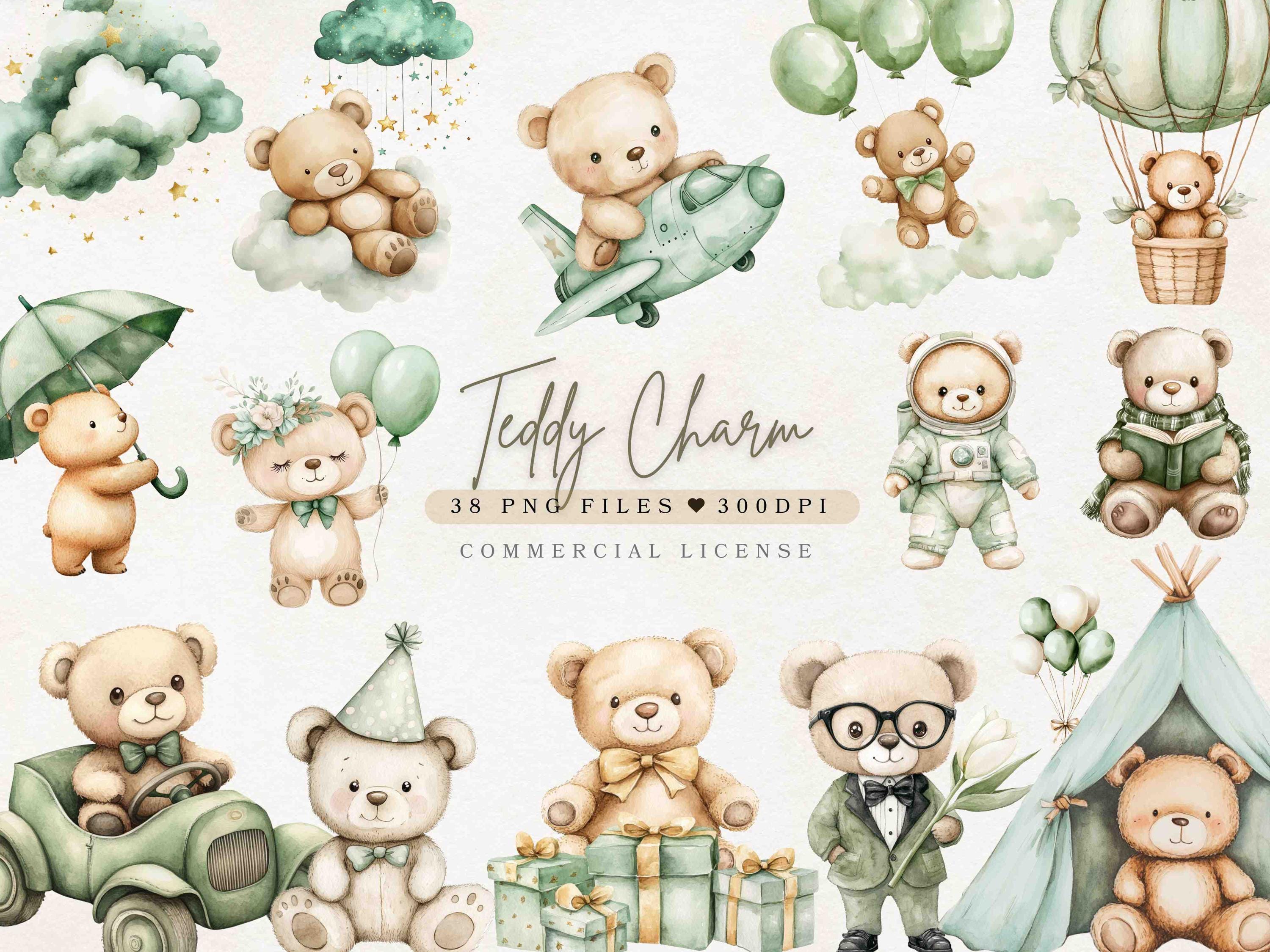 Watercolor Green Teddy Bear Clipart Boho Teddy Bear PNG | Green Baby ...
