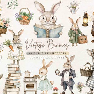 vintage lapin clipart printemps lapins avec fleurs sauvages mignon lapin PNG | Clipart floral lapin aquarelle | Clipart printemps chambre de bébé | Baby Shower