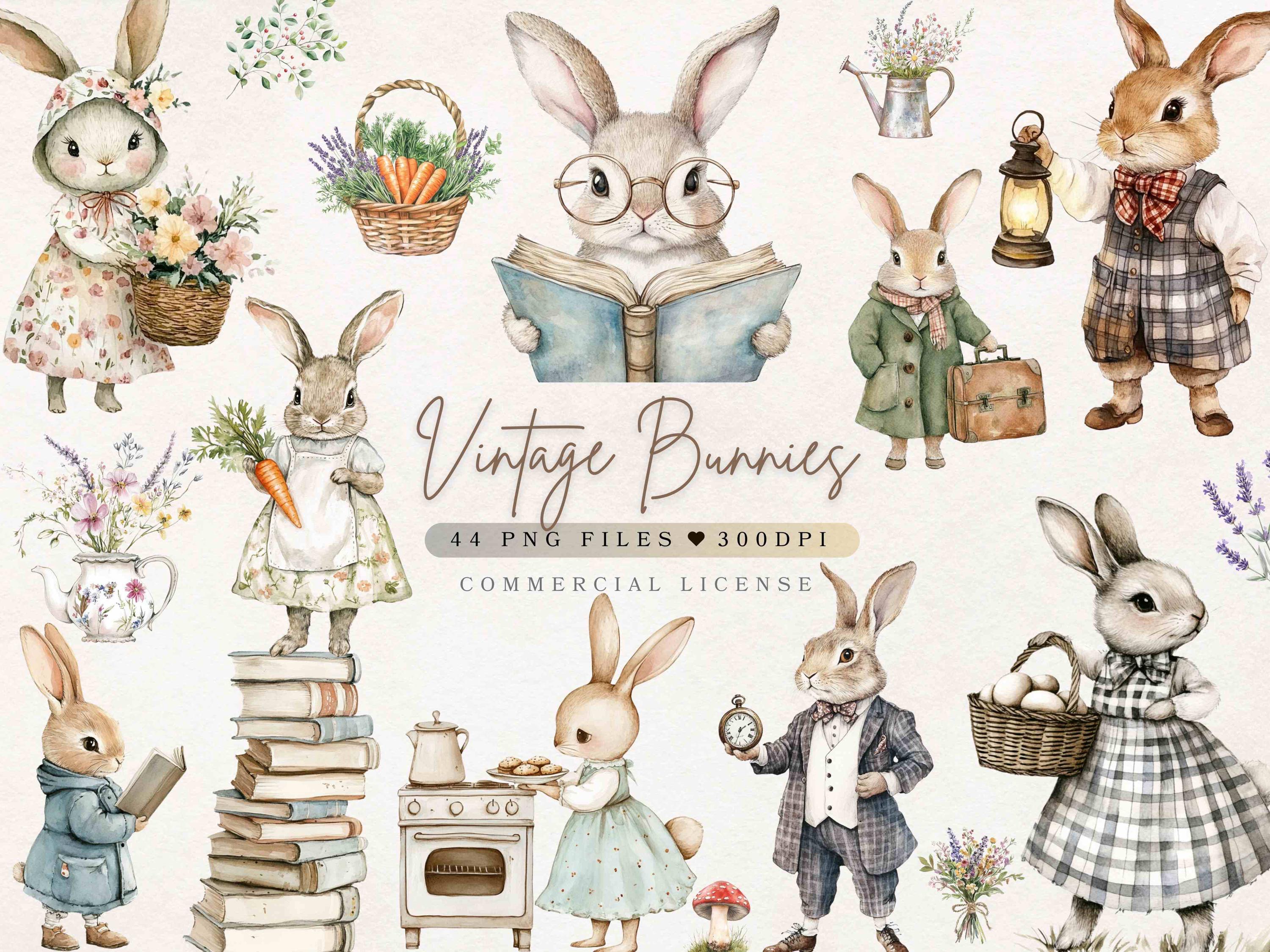 Vintage konijntje clipart lente konijntjes met wilde bloemen schattig konijntje png | Aquarel bloemen konijntje clipart | Lente-clipart kinderkamer | Babyshower