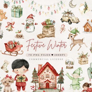 Clipart festivo acquerello Clipart invernale Clipart di famiglia Decorazioni festive, Clipart di cervo Clipart di elfo Gnomo PNG, Elementi decorativi / Uso commerciale