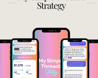 May include: Image of several smartphones displaying a social media strategy guide. The text "My Simple Threads Strategy" is visible, along with user testimonials and revenue statistics. The color scheme is pink and orange.