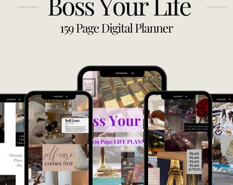 May include: A collage of images on a phone screen promoting a 159 page digital planner titled "Boss Your Life". The images include quotes like "Self Love", "Self Care Comes First", "Yes You Can", and "Plan Plan Plan Action".