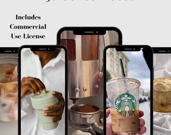 May include: A digital display featuring 50 Coffee Videos with text stating Includes Commercial Use License and Empower Opulence. The image shows multiple smartphone screens displaying various coffee-related scenes, including a person holding a reusable cup, an espresso machine, and a plastic iced coffee cup with a green logo.