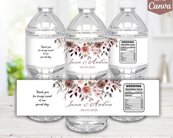 Boho Roses Wedding Water Bottle Label, Wedding Water Bottle Sticker, Wedding Party Favors, Wedding Favor Ideas for Guests, Water Bottle Wrap