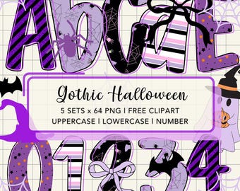Alfabeto de Halloween (PNG), Alfabeto gótico preppy, Letras garabateadas de temporada espeluznante, Halloween morado coqueto, Fantasma lindo (PNG), Diseños de sublimación