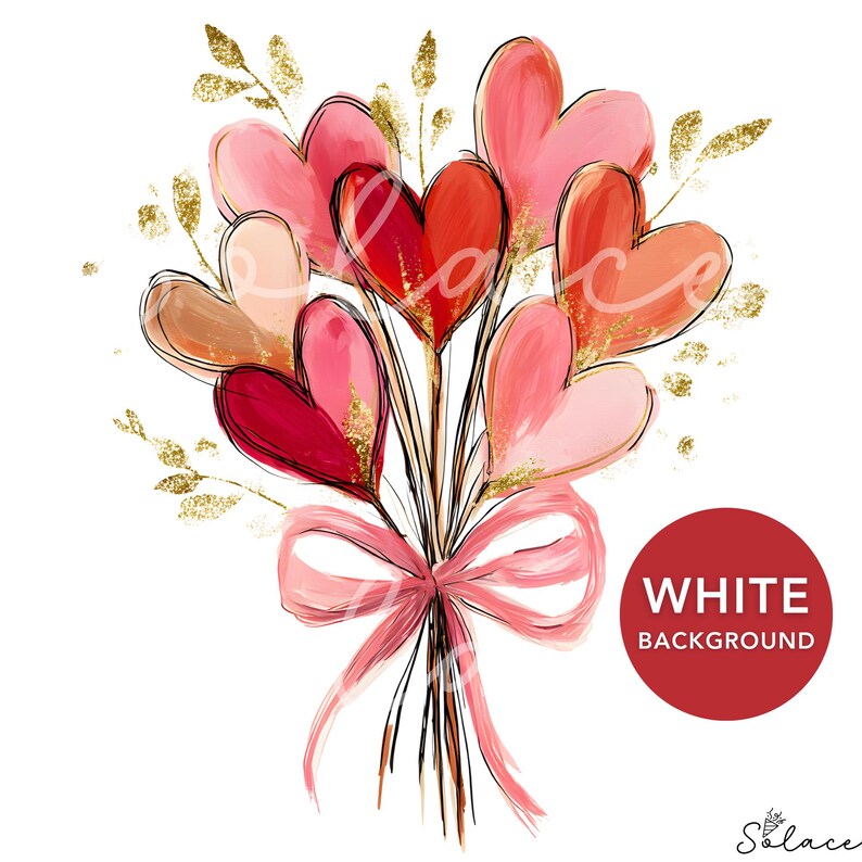 May include: A watercolor illustration of a bouquet of heart-shaped balloons in shades of red, pink, and peach, tied with a pink ribbon. Gold glitter accents the leaves and balloons. The image has a white background.