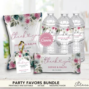Dusty Pink Rose Wedding Party Favors Bundle, Chip Bag Template, Water Bottle Label, Thank you Tag, Chocolate Bar Label, Candy Bar Wrapper