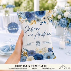 Dusty Blue Wedding Favor Bags, Wedding Party Favors, Wedding Favor Ideas for Guests, Editable Chip Bags, Chip Bag Template, Chip Bag Labels