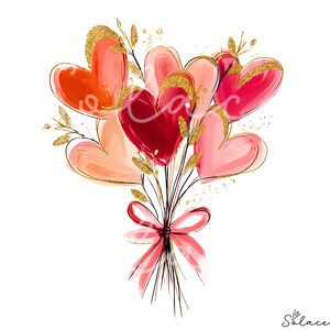 May include: A bouquet of heart-shaped balloons in shades of red, pink, and peach, accented with gold glitter and delicate gold sprigs. The balloons are tied with a pink ribbon, creating a romantic and artistic design on a white background.