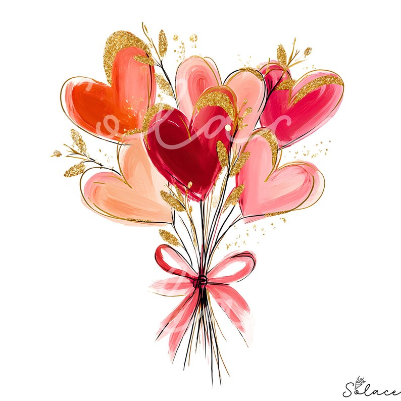 May include: A bouquet of heart-shaped balloons in shades of red, pink, and peach, accented with gold glitter and delicate gold sprigs. The balloons are tied with a pink ribbon, creating a romantic and artistic design on a white background.