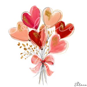 May include: A digital illustration of a bouquet of heart-shaped balloons in shades of red and pink, accented with gold glitter and a pink bow. The balloons have a handwritten "love" script on them. The bouquet is tied with a pink bow and gold accents.