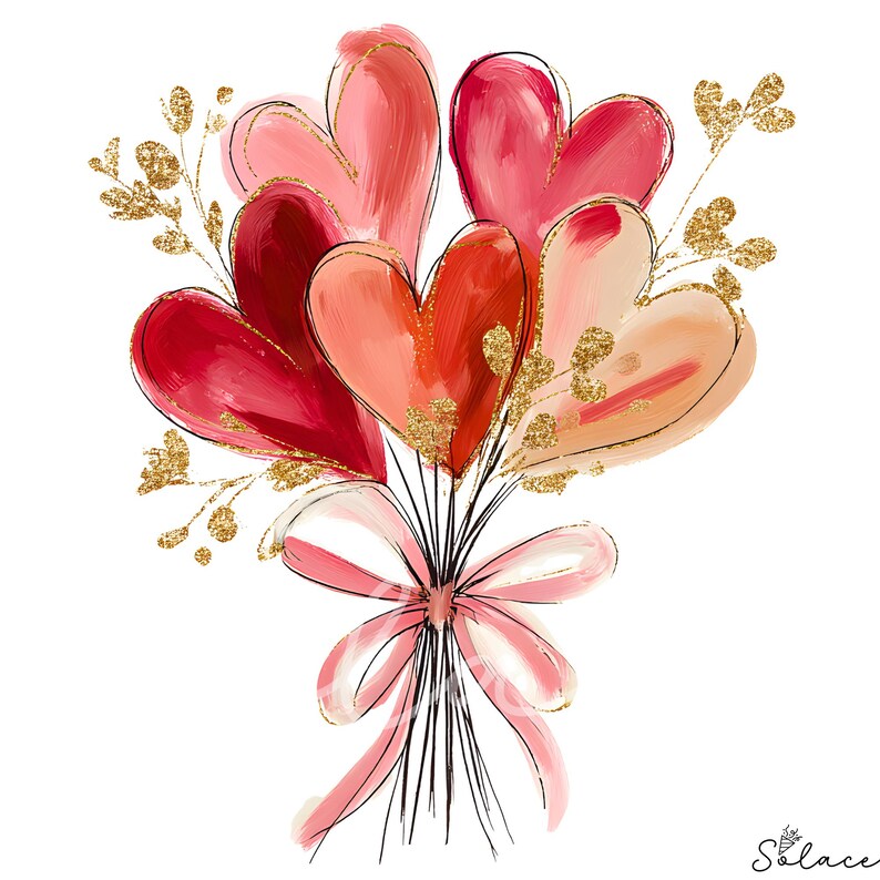 May include: A bouquet of heart-shaped balloons in shades of red, pink, and peach, accented with gold glitter and tied with a pink ribbon. The illustration is on a white background, creating a romantic and festive feel.