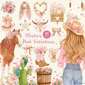 May include: Watercolor illustration with a Western theme. The image features a collection of pink floral arrangements, cowboy boots, a horse, a cow skull, and a woman in a cowboy hat. The text "Western Pink Valentines" is also present.