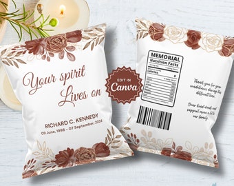 Benutzerdefinierte Gedenk-Chip-Taschen-Vorlage, DIY-Gedenk-Snack-Verpackung, personalisiertes Gedenkgeschenk, Nachruf-Chip-Tasche, florale rustikale Rose