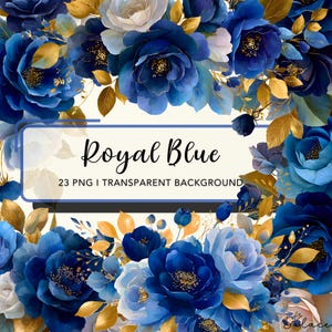Königsblau und Gold Blumen Clipart, Rosen und Pfingstrose Aquarellblumen, Blumenstrauß Png, Sublimationsdesign, Scrapbooking, Einladungen