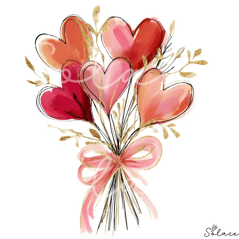 May include: A watercolor illustration of a bouquet of heart-shaped balloons in shades of red and pink. The balloons are tied together with a pink ribbon and accented with gold glitter and black line art. The image is on a white background.