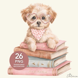 May include: A watercolor illustration of a fluffy, light brown puppy wearing heart-shaped glasses and a pink polka-dot bandana. The puppy sits atop a stack of vintage books in shades of pink, brown, and blue. A circular graphic reads "26 PNG TRANSPARENT BACKGROUND".