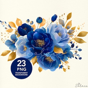 Clipart fleurs bleu roi et or, roses et pivoines aquarelles, bouquet floral Png, sublimation, scrapbooking, faire-part