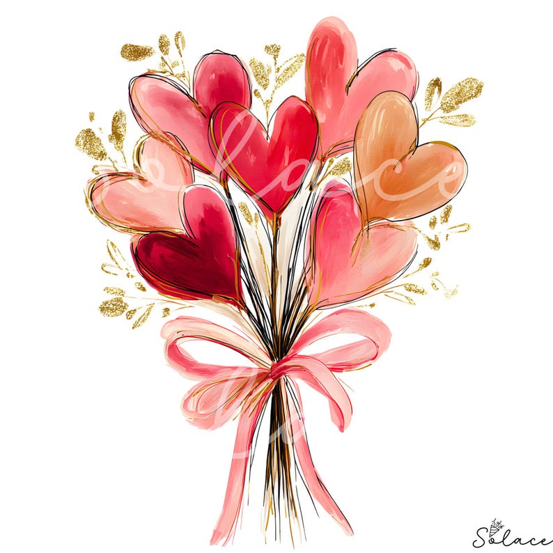 May include: A watercolor illustration of a bouquet of heart-shaped balloons in shades of red, pink, and peach. The balloons are tied with a pink ribbon and accented with gold leaf details. The artwork is on a white background.
