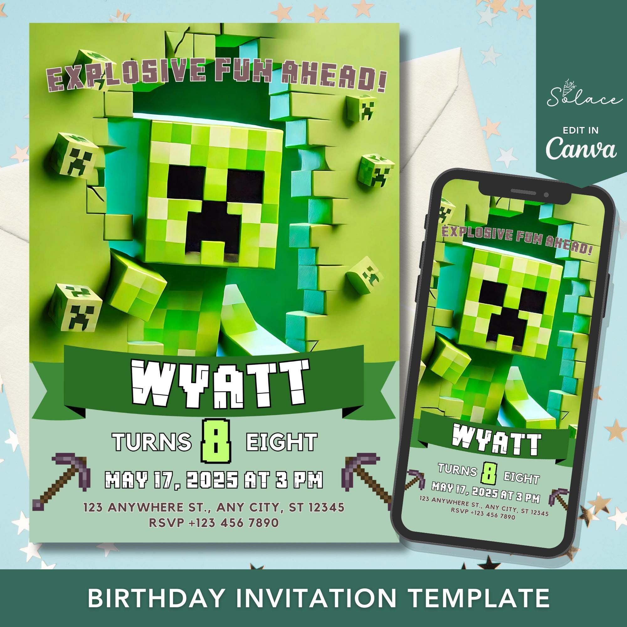 Minecrafter Birthday Invite - Canva
