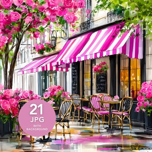 Pink Parisian Coffee Shop Clipart, Valentines Day High Quality Jpeg White Background, Watercolor Illustration, Sublimation, Sticker, Cards