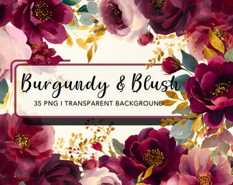 Burgundy and Blush Wedding Flower Clipart, Roses Png, Peony Png, Floral Bouquet , Sublimation Design, Junk Journal Scrapbooking, Invitation