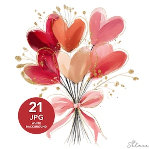 May include: A bouquet of heart-shaped balloons in shades of red, pink, and orange, accented with gold glitter and delicate stems. A pink bow ties the bouquet together. The image includes the text "21 JPG WHITE BACKGROUND" in a red circle.