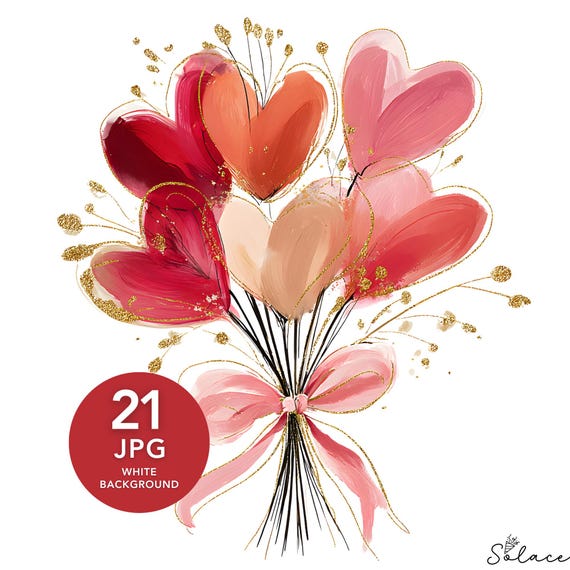 Quirky Coquette Heart Bouquet Valentines Clipart Png, Romantic Watercolor Illustration, Sublimation, Printable Sticker, Cards, Scrapbooking