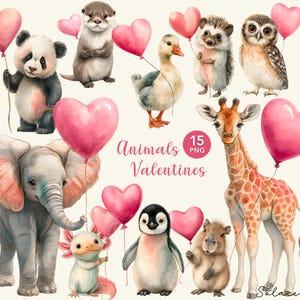 May include: Watercolor illustrations of various animals, including a panda, otter, goose, hedgehog, owl, elephant, axolotl, penguin, giraffe, and capybara, each holding a pink heart-shaped balloon. The text "Animals Valentines" is also present.