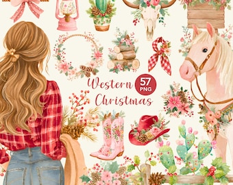 Cowgirl kerst clipart PNG bundel, westerse clipart, landvakantie PNG, rode cowgirl, aquarel illustratie, sublimatie, sticker, kaart