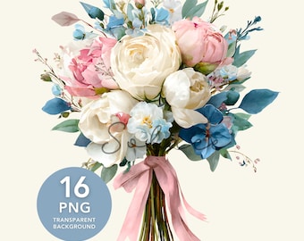 Dusty Blue and Pink Wedding Flowers Clipart, Bridal Bouquet Floral Png, Watercolor Illustration, Sublimation and Invitation Designs