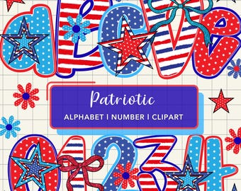 Veterans Day Preppy Alphabet Png, Doodle Letters, Patriotic Memorial Font, 4th of July, American Flag Coquette Clipart, Sublimation Design