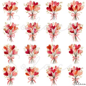 May include: Watercolor bouquets of heart-shaped balloons in shades of red, pink, and peach, tied with pink ribbons. Each bouquet is accented with gold-colored leaves, creating a romantic and festive design.