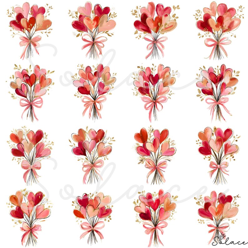 May include: Watercolor bouquets of heart-shaped balloons in shades of red, pink, and peach, tied with pink ribbons. Each bouquet is accented with gold-colored leaves, creating a romantic and festive design.