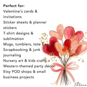 May include: A digital illustration of a bouquet of heart-shaped balloons in shades of red, pink, and peach, tied with a pink ribbon. The image includes text listing various uses, such as Valentine's cards and invitations.