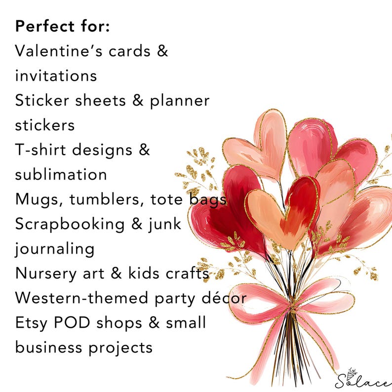May include: A digital illustration of a bouquet of heart-shaped balloons in shades of red, pink, and peach, tied with a pink ribbon. The image includes text listing various uses, such as Valentine's cards and invitations.