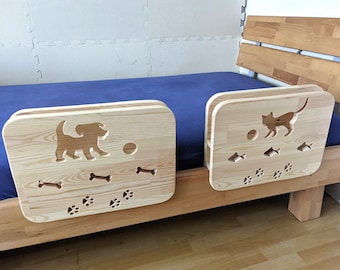 2in1 Bettablage Bettschutzgitter HOLZ Rausfallschutz für Kinderbett Jugendbett mit Katze, Hund und Hase Motive