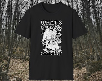 What's Cooking? Devil in white Unisex Softstyle T-Shirt - Cooking, Satan, Souls, Creepy, Fun Gift, Horror, Scary, Spooky, Halloween