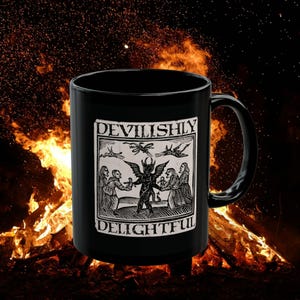 Devilishly Delightful Black Ceramic Mug 11oz - Devil, Witch, Folk Horror, Coven, Satan, Funny Gift