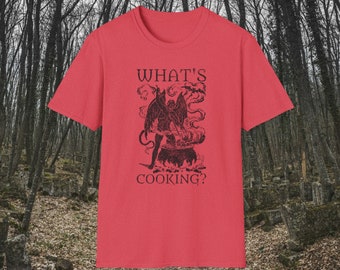 What's Cooking? Devil in black Unisex Softstyle T-Shirt - Cooking, Satan, Souls, Creepy, Fun Gift, Horror, Scary, Spooky, Halloween