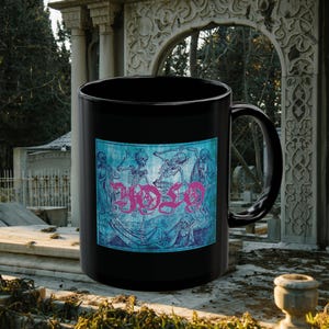 YOLO on background Black Ceramic Mug 11oz - You Only Live Once, Party, Celebrate, Skeletons, Dead, Graveyard, Cemetery, Medieval