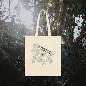 SPINSTER Spider Cotton Canvas Tote Bag -  Spider Web, Single, Spinning Wheel, Old Maid, Crafty, Spooky, Halloween