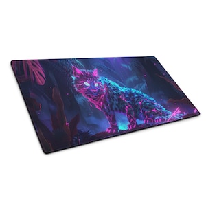 XXL Mauspad AI Art Synthwave Gamer Accessoire - Gaming Accessoire mit Fantasy Midjourney AI Synthwave Cat | Kleines und mittleres Gaming-Mauspad