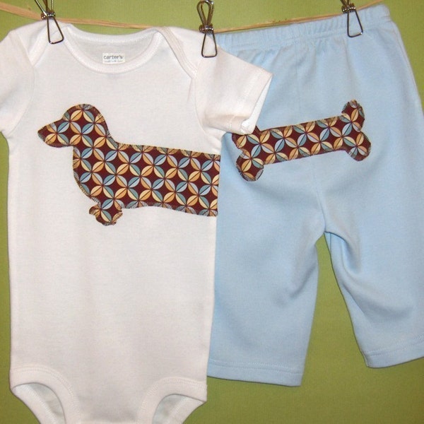 Wiener dog one-piece bodysuit and pant set in modern mahogany print