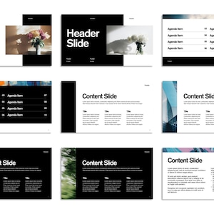 Puede incluir: Una presentación de diapositivas con un esquema de color blanco y negro. Las diapositivas presentan una variedad de imágenes, incluyendo flores, un horizonte de la ciudad y patrones abstractos. El texto en las diapositivas incluye las palabras "Diapositiva de encabezado" y "Diapositiva de contenido".