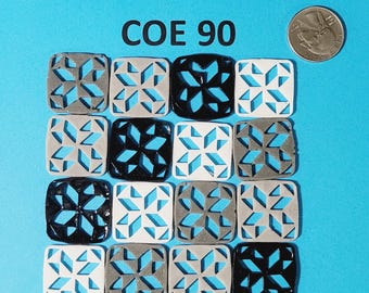 COE90 Black, white and gray Colored Quilt Squares/ Set of 16/ Glass Freeze and Fuse